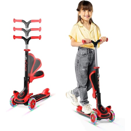 Lifemaster Kids 3-Wheel Scooter w/ Foldable Seat, LED Wheels, Adjustable Handlebar, Indoor/Outdoor Red LIFMS33