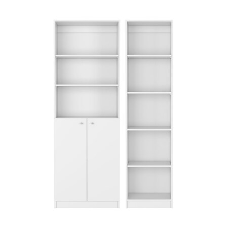 Homeroots Set of Two White Wood Five Tier Modular Bookcase with Two Doors, 2PK 546635