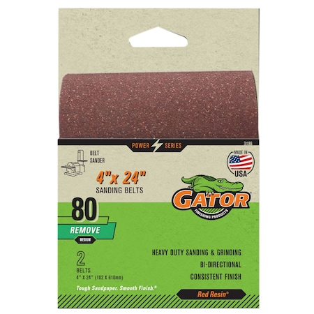 Gator Finishing Red Resin 4 x 24 in. Sanding Belt, 80 Grit, Medium, 2PK 3186