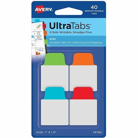 Avery Dennison Avery Ultra Tabs Repositionable Tabs, 1in x 1-1/2in, Primary: Blue, Green, Orange, Red, 40/Pack 74760
