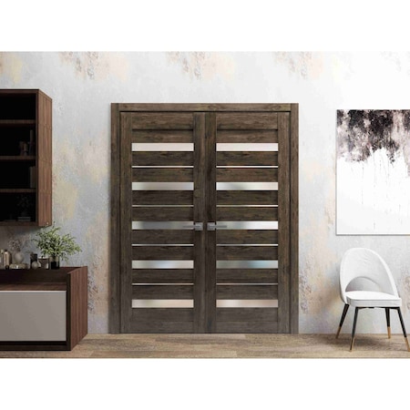 Sartodoors Solid French Double Doors 36 x 80in, Quadro 4445 Cognac Oak W/ Frosted Glass QUADRO4445DD-AKA-36