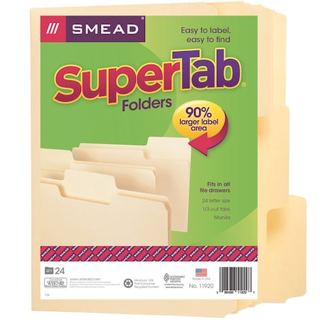 Smead SuperTab File Folder, Oversized 1/3-Cut Tab, Letter Size, Manila, 24PK 11920