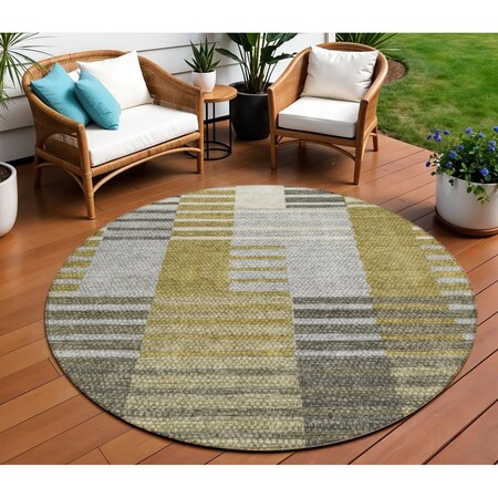 Homeroots 8' Brown Gold And Taupe Round Striped Washable Indoor Outdoor Area Rug 581685