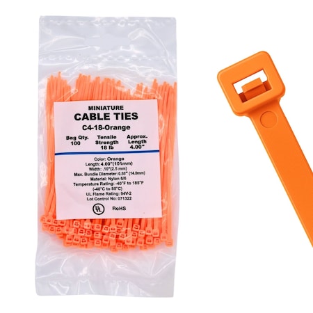 Cable Ties Unlimited Cable Tie, 4 in L, 18 lb Strength, 1 in Max Bundle Dia, Nylon 6/6, Orange 100PK C4-18-Orange
