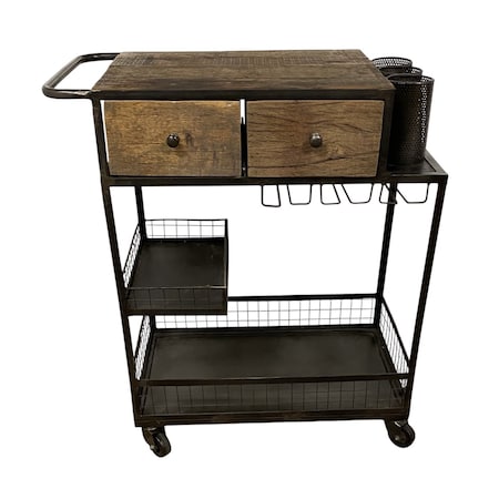 Homeroots Rolling Rustic Black And Natural Bar Cart 389227