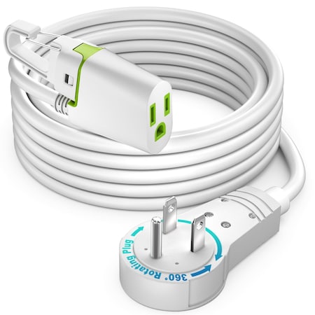 Maximm 10ft 16AWG 360 degrees Flat Plug Extension Cord w/ Hook, Indoor UL, White ADW-360-31H10-WH