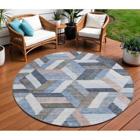 Homeroots 8' Blue Round Geometric Washable Indoor Outdoor Area Rug 608048