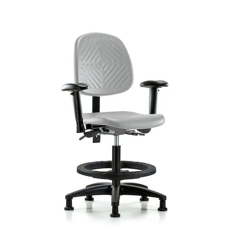 Blue Ridge Ergonomics Poly Chair-Med Bench Height with Med Back, Adj Arms, Black Foot Ring, &Stationary Glides in Gray Poly PMBCH-MB-RG-T0-A1-BF-RG-GRY