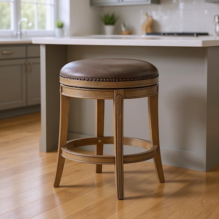 Homeroots 26" Stone and Gray Faux Leather and Solid Wood Backless Counter Height Swivel Bar Chair 632393