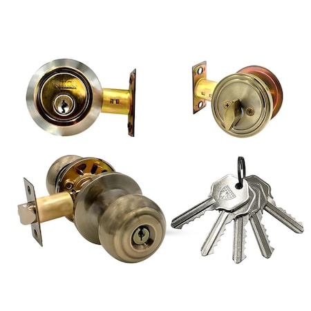 Ecs Hardware Durable Combo Lockset w/ Single Knob & Deadbolt, Entrance, Antique Bronze, Grade 3 KW1 ECSH-37805-AB-KW1