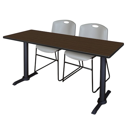 Regency Cain T-Base Training Seminar Table W/ 2 Zeng Stack Chairs, 72 in W, 24 in L, Neo Walnut MTRCT7224NW44GY