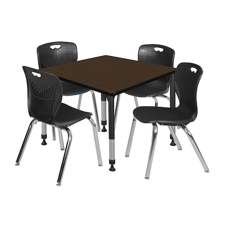 Regency Square Kee Adjustable Classroom Table W/ 4 Andy Stack Chairs, 42 in W, 30 in L, Neo Walnut TB4242NWAPBK40BK