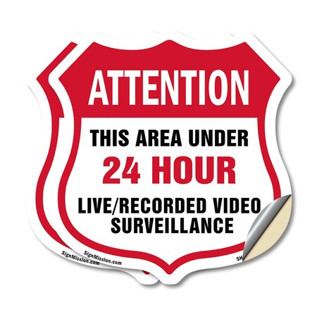 Signmission 24 Hour Surveillance Shield Sign Attenti, 18 inch X 18 inch, Vinyl Decal, 2PK SHI-D-2PACK-18-351