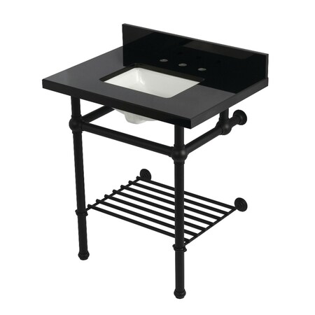 Kingston Brass 30" Black Granite Console Sink with Brass Legs and Shelf, 8-Inch, 3-Hole, Black Granite/Matte Black KVPK30KBSQB0
