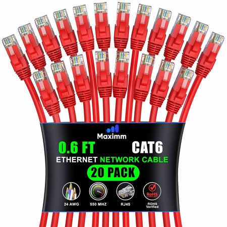 Maximm Cat6 Ethernet Cable 0.6ft 10Gbps 550MHz UTP, 20PK, Red, 20PK CAT6CCA-0.6RD-20PK