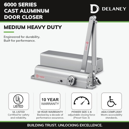 Delaney Hardware Medium to Heavy Duty Grade1 Cast Iron Body Gray Finish Commercial Door Closer 606710
