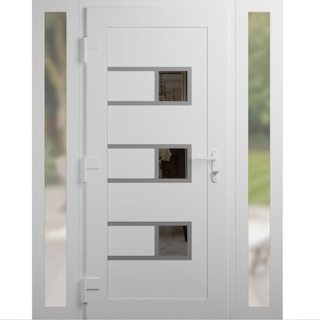 Vdomdoors Front Exterior Prehung Metal-Plastic Door, Manux 8933 White Silk, 2 Side Sidelite Transoms, Office MANUX8933EXD-WS-W14+36+14xH80-RH