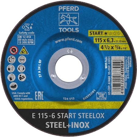 Pferd 4-1/2'' Grinding Wheel, 1/4'' Thick, 7/8'' Arbor, START STEELOX, Type 27, Aluminum Oxide 63888