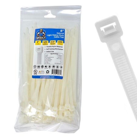 Grizzly Supply Cable Tie, 8 in L, 120 lb Strength, 2.2 in Max Bundle Dia, Nylon 6/6, Natural, 100PK GS-LHD8-120-9C