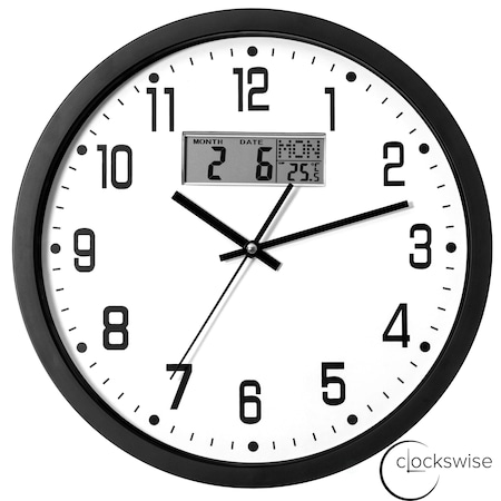 Clockswise 14-inch Wall Clock, Non-Ticking Analog & Digital with Temperature Display Battery Powered,  QI004749.BK.14