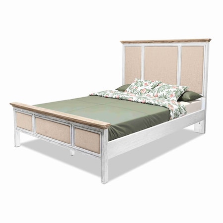 Homeroots White and Beige Shiplap Texture Distressed Solid Wood And Linen Queen Bed Frame 571387