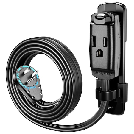 Maximm 10ft 14AWG Heavy Duty AC Extension Cord, 360 degrees Flat Plug, Black ADW-S360-C6F10-14B0-WM