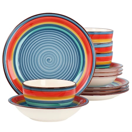 Gibson Home Rainbow 12 Piece Stoneware Dinnerware Set in Blue Multi 136939.12R