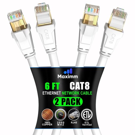 Maximm 6ft Cat8 Ethernet Cable with Gold-Plated RJ45 Connector, 2PK, White, 2PK C8-6FT-WHITE-2PK