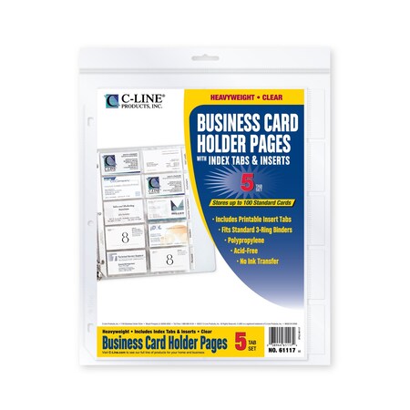 C-Line Products 8-1/2" x 11" Poly Business Card Holder Pages with Index Tabs for Ring Binders, 5/PK, 5PK/BX 61117-BX