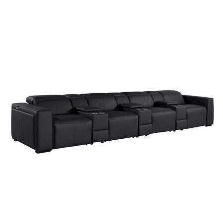 Homeroots 170" Black Top Grain Leather Reclining Metal USB Sofa 720420