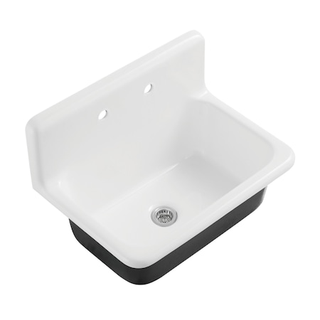 Kingston Brass 30" Cast Iron Single Bowl Wall Mount Kitchen Sink, 2-Hole with Strainer, White/Polished Chrome KGCKWS3020101