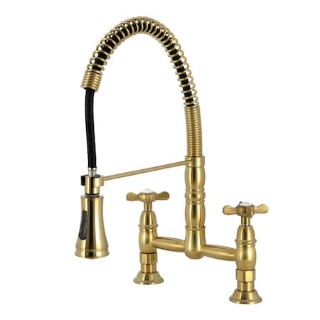 Kingston Brass Double-Handle Deck-Mount Pre-Rinse Bridge Kitchen Faucet, Brushed Brass GS1277BEX