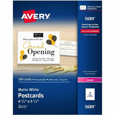 Avery Dennison Avery, Postcards For Laser Printers, 4 1/4 X 5 1/2, Uncoated White, 200PK 5689