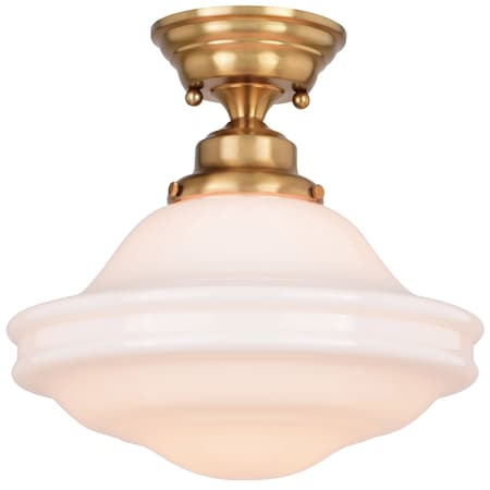 Vaxcel Huntley 12-in W Natural Brass Farmhouse Schoolhouse Semi Flush Mount Ceiling Light White Glass C0261