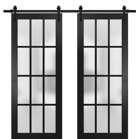 Sartodoors Sturdy Double Barn Door with Frosted Glass 12 Lites, Felicia 3312 Matte Black, 13FT Rail Hangers H FELICIA3312DB-BLK-6096