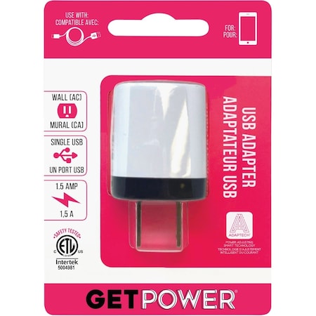 Getpower Single USB to AC White Wall Adapter Charger GP-ACETL-BLK