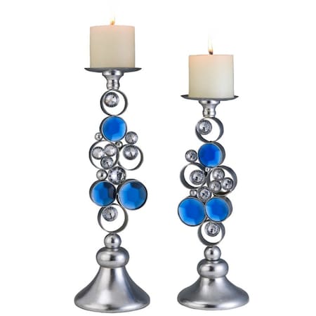 Homeroots Set Of Two Silver and Blue Bling Tabletop Pillar Candle Holders, 2PK 468337