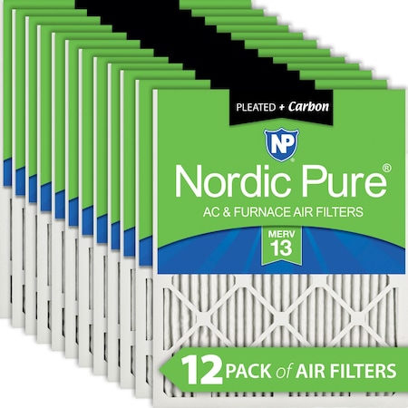 Nordic Pure 20x20x1 Plus Carbon Pleated Air Filter, High Capacity, MERV 13, 12 PK 20x20x1M13+C-12