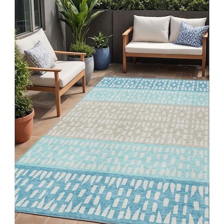 Homeroots 5' X 8' Teal Blue Aqua And Ivory Geometric Washable Indoor Outdoor Area Rug 613874