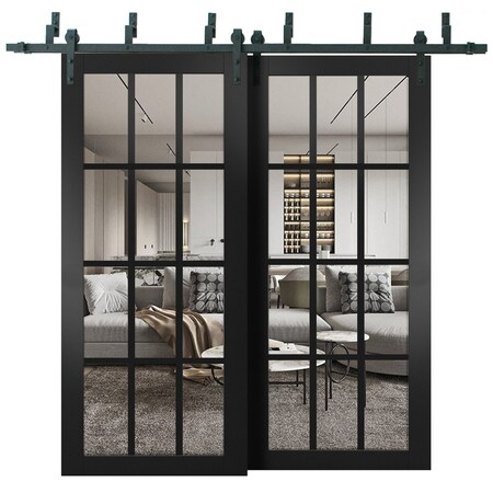 Sartodoors Sliding Closet Barn Bypass Doors, Felicia 3355 Matte Black with Clear Glass, Sturdy 6.6ft Rails Ha FELICIA3355BBB-BLK-7284