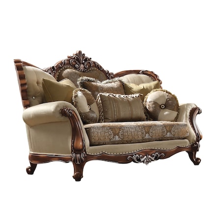 Homeroots 74in Tan And Brown Velvet Damask Curved Loveseat and Toss Pillows 515717