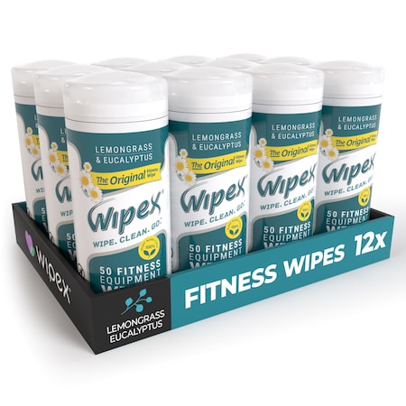 Wipex Natural Yoga Mat Wipes 50ct Canister, Lemongrass/Eucalyptus, 600 Plant-Based Fitness Wipes, 12PK WX72068OLE-12
