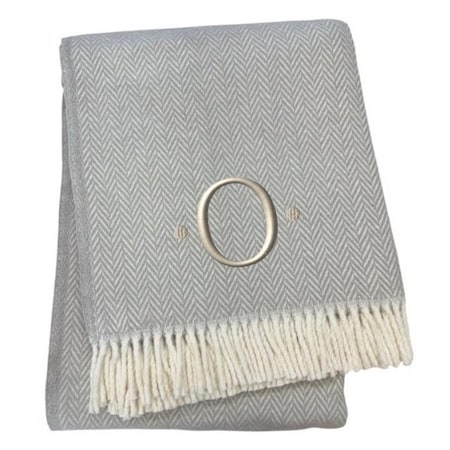 Homeroots 55" X 70" Gray White Herringbone Cotton Blend O Initial Throw Blanket with Tassels Embroidery 655538