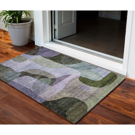 Homeroots 3' X 5' Olive Green Purple And Charcoal Abstract Washable Indoor Outdoor Area Rug 604444