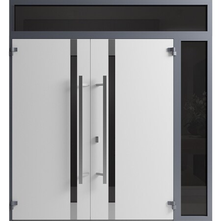 Vdomdoors Front Exterior Prehung Aluminum Double Doors Ronex1011 Grey Top Transom Mirrored Clear Glass Entry RONEX1011DEXD-GRE-W72+14xH96+14-RH-O