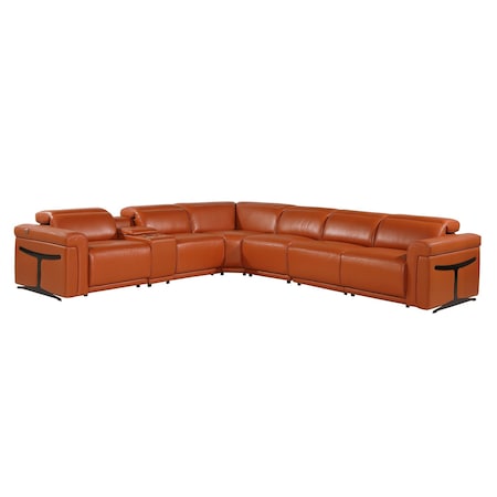 Homeroots Camel Italian Leather Modular L Shaped Seven Piece Corner Sectional With Console 534861