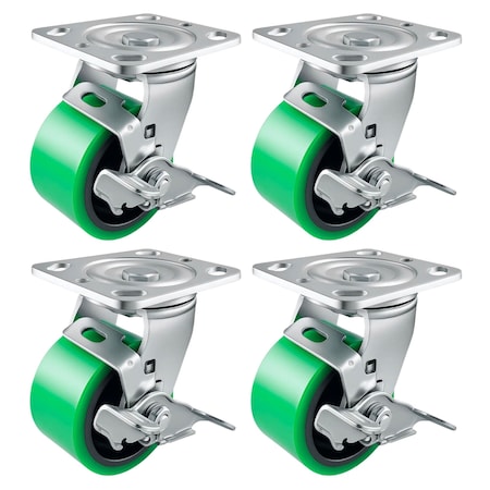 Hyw Products Heavy Duty Caster Set 4in Green Polyurethane on Cast Iron Wheels, 4 Swivel with Brake, 4PK 40-40S-A1-PC-TB-4 (G)