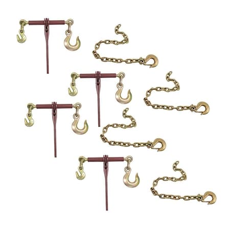 Mytee Products 4 Pcs Ratchet Binder w/ Grab Hook w/ 4 Pcs Trailer Hitch Safety Chain with Slip Hook CBRS38-SC-KIT