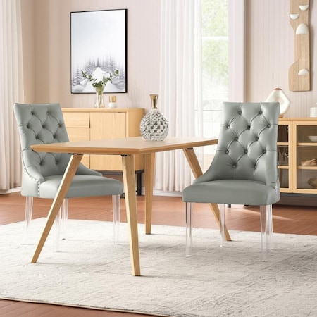 Homeroots Set of Two Tufted Gray and Clear Upholstered Faux Leather Dining Side Chairs 543510