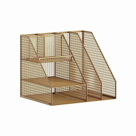 Martha Stewart Ryder Gold Mesh Metal Large Desktop Organizer with Magazine File Holder, Pen Holder, and Storage HH-OHD03-GLD-MS